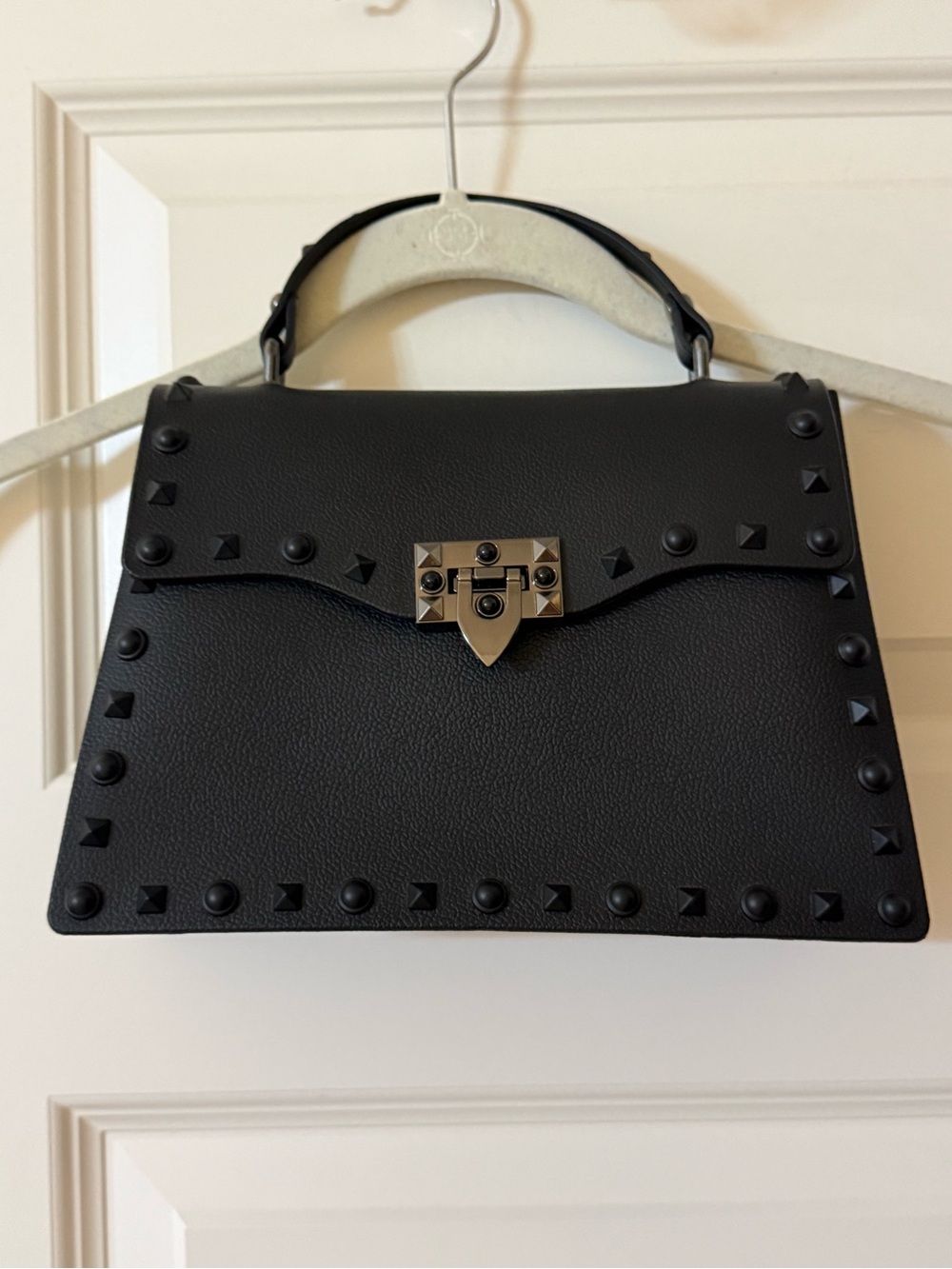 Matte Black Studded Jelly Bag Purse with Top Handle